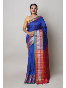 Unnati Silks - Navy Blue Pure Handloom Narayanpet Silk Saree UNM74386 with Unstitched Blouse