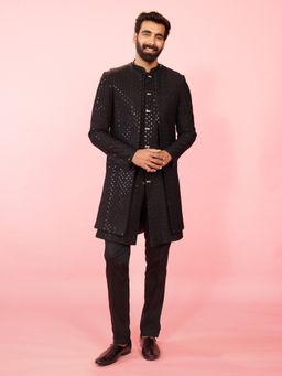 Vastramay - Black Rayon Embroidered Sherwani With Pant