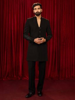 Vastramay - Black Synthetic Solid Sherwani With Pant