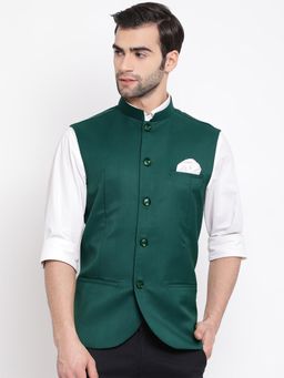 Vastramay - Green Cotton Silk Solid Nehru Jacket