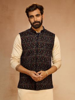 Vastramay - Navy Blue Velvet Embroidered Nehru Jacket