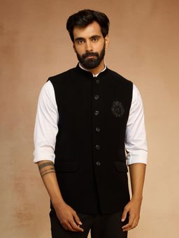 Vastramay - Black Lycra Embroidered Nehru Jacket