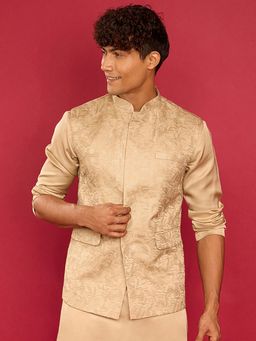 Vastramay - Beige Silk Blend Floral Nehru Jacket