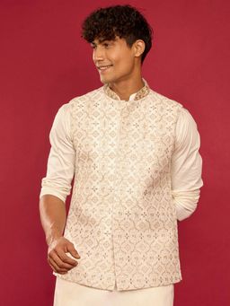 Vastramay - White Silk Blend Embroidered Nehru Jacket