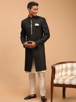Vastramay - Black Silk Blend Solid Sherwani With Kurta With Pant