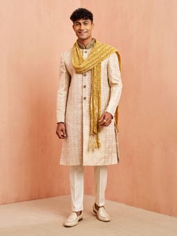 Vastramay - Beige Silk Blend Embroidered Sherwani With Pant & Dupatta