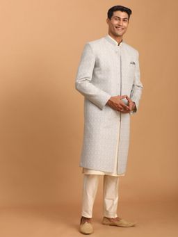 Vastramay - Grey Silk Blend Woven Sherwani With Kurta With Pant