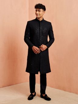 Vastramay - Black Rayon Embroidered Sherwani With Kurta With Pant