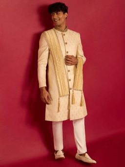 Vastramay - Cream Silk Blend Embroidered Sherwani With Pant & Dupatta