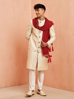 Vastramay - Cream Silk Blend Embroidered Sherwani With Pant & Dupatta