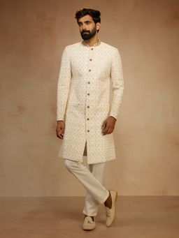 Vastramay - White Silk Blend Embroidered Sherwani With Pyjama