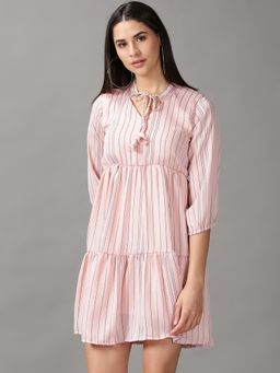 SHOWOFF - Womens Keyhole Neck Above Knee Peach Striped Dress