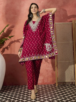 ISHIN - Women Red Rayon Kaftan with Pant