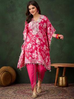 ISHIN - Women Pink Chanderi Kaftan with Dhoti Pant