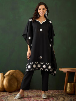 ISHIN - Women Black Viscose Silk Kaftan with Pant