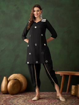 ISHIN - Women Black Viscose Silk Kurta with Dhoti Pant