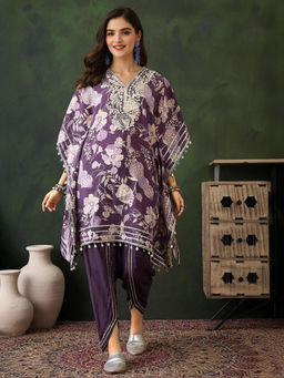 ISHIN - Women purple Chanderi Kaftan with Dhoti Pant