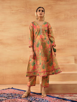 ISHIN - Women Olive Cotton Cambric Kurta with Pant