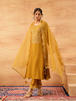 ISHIN - Women Mustard Silk Blend Kurta with Pant & Dupatta