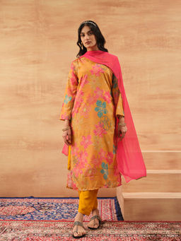 ISHIN - Women Mustard Chinon Kurta with Pant & Dupatta