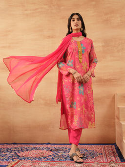 ISHIN - Women Pink Chinon Kurta with Pant & Dupatta