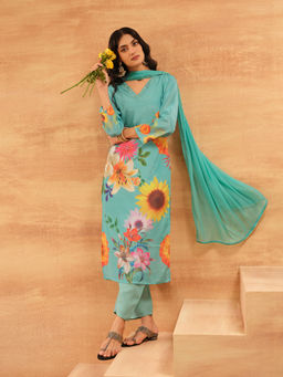 ISHIN - Women sky blue Chinon Kurta with Pant & Dupatta