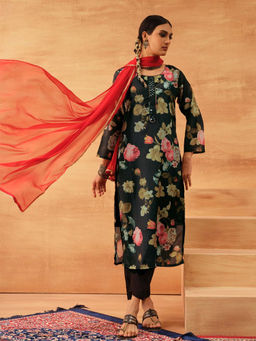 ISHIN - Women Black Chinon Kurta with Pant & Dupatta