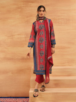 ISHIN - Women Red Chinon Kurta with Pant & Dupatta