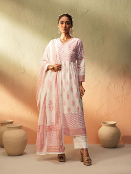 ISHIN - Women White Cotton Anarkali Kurta with Pant & Dupatta