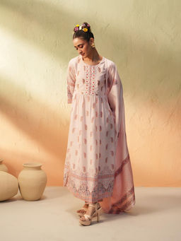 ISHIN - Women Peach Cotton Anarkali Kurta with Pant & Dupatta