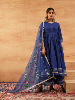 ISHIN - Women Royal Blue Cotton Anarkali Kurta with Palazzo and Dupatta