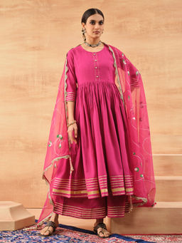 ISHIN - Women Pink Cotton Anarkali Kurta with Palazzo and Dupatta