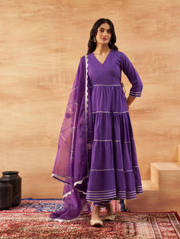 ISHIN - Women Purple Cotton Anarkali Kurta with Pant & Dupatta