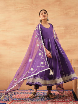 ISHIN - Women Purple Cotton Anarkali Kurta with Pant & Dupatta