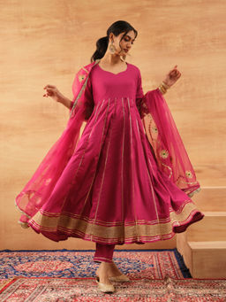 ISHIN - Women Pink Cotton Anarkali Kurta with Pant & Dupatta