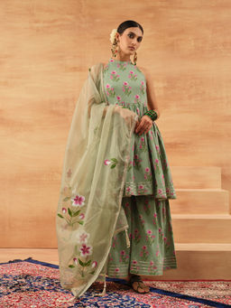 ISHIN - Women Sea Green Cotton Kurta with Sharara and Dupatta