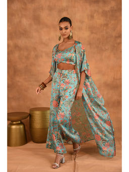 LAALZARI - Blue Floral Crop Top And Palazzo With Shrug