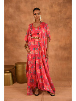 LAALZARI - Pink Printed Crop Top & Palazzo With Shrug