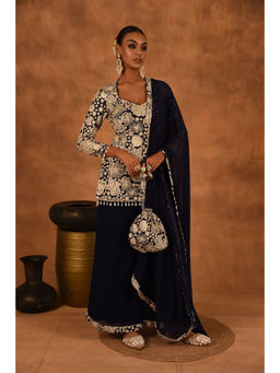 LAALZARI - Georgette Floral Navy Blue Kurta With Palazzo And Dupatta