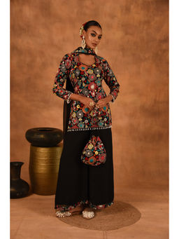 LAALZARI - Georgette Floral Short Kurti With Palazzo & Dupatta Set