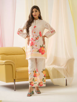 Suha - White And Orange Mandarin Collar Printed Co-Ord