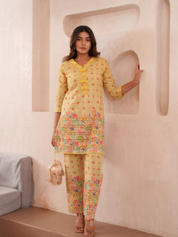 Suha - Yellow Pure Cotton Floral Printed Tunic With Pants Co-Ord