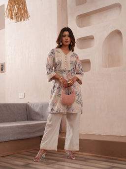 Suha - Off-White Pure Cotton Floral Printed Tunic With Pants Co-Ord