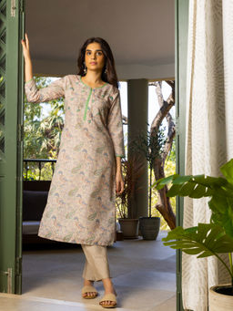 Suha - Multi Colour Floral Printed Cotton Linen Fabric Kurta With Pant