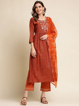 Suha - Red Yoke Design A-Line Kurta with Pant & Dupatta