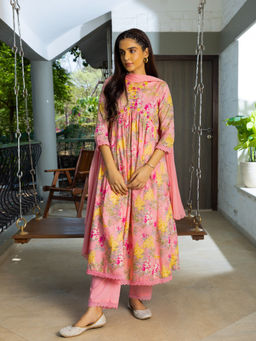 Suha - Pink Floral Printed A-Line Kurta And Pant With Dupatta