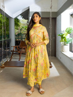 Suha - Yellow and Pink Ethnic Printed Kurta Trousers With Dupatta
