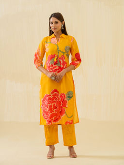 Suha - Yellow Floral Printed Straight Kurta with Pant