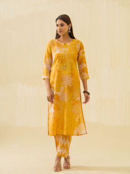 Suha - Yellow Floral Printed Straight Kurta with Pant