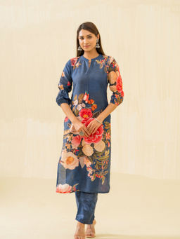Suha - Navy Blue Floral Printed Straight Kurta with Pant